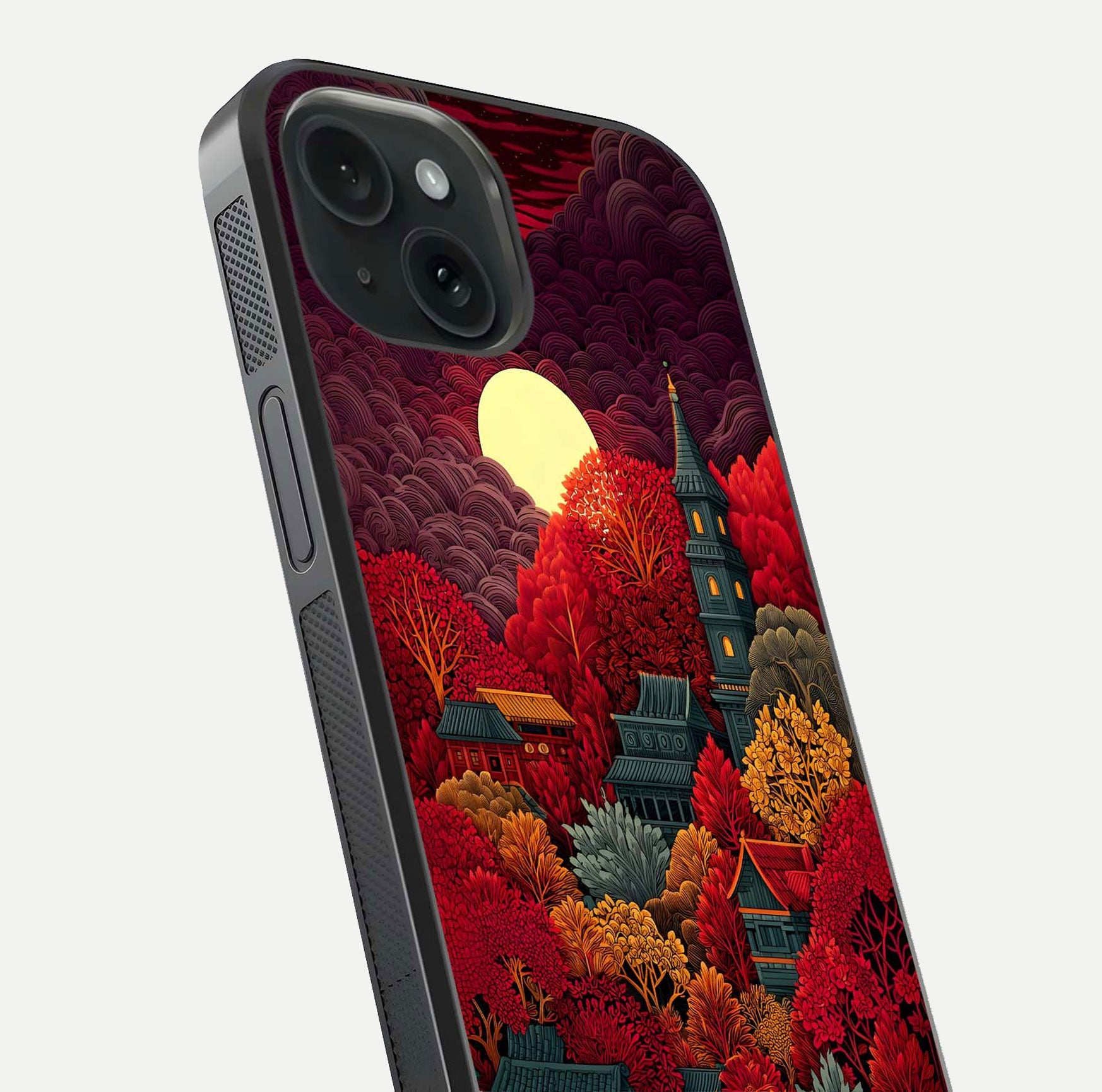 Scarlet Autumn Temple Glass Case for iPhone 15 close-up angled shot highlighting golden leaves and reflection
