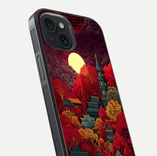 Scarlet Autumn Temple Glass Case for iPhone 15 close-up angled shot highlighting golden leaves and reflection
