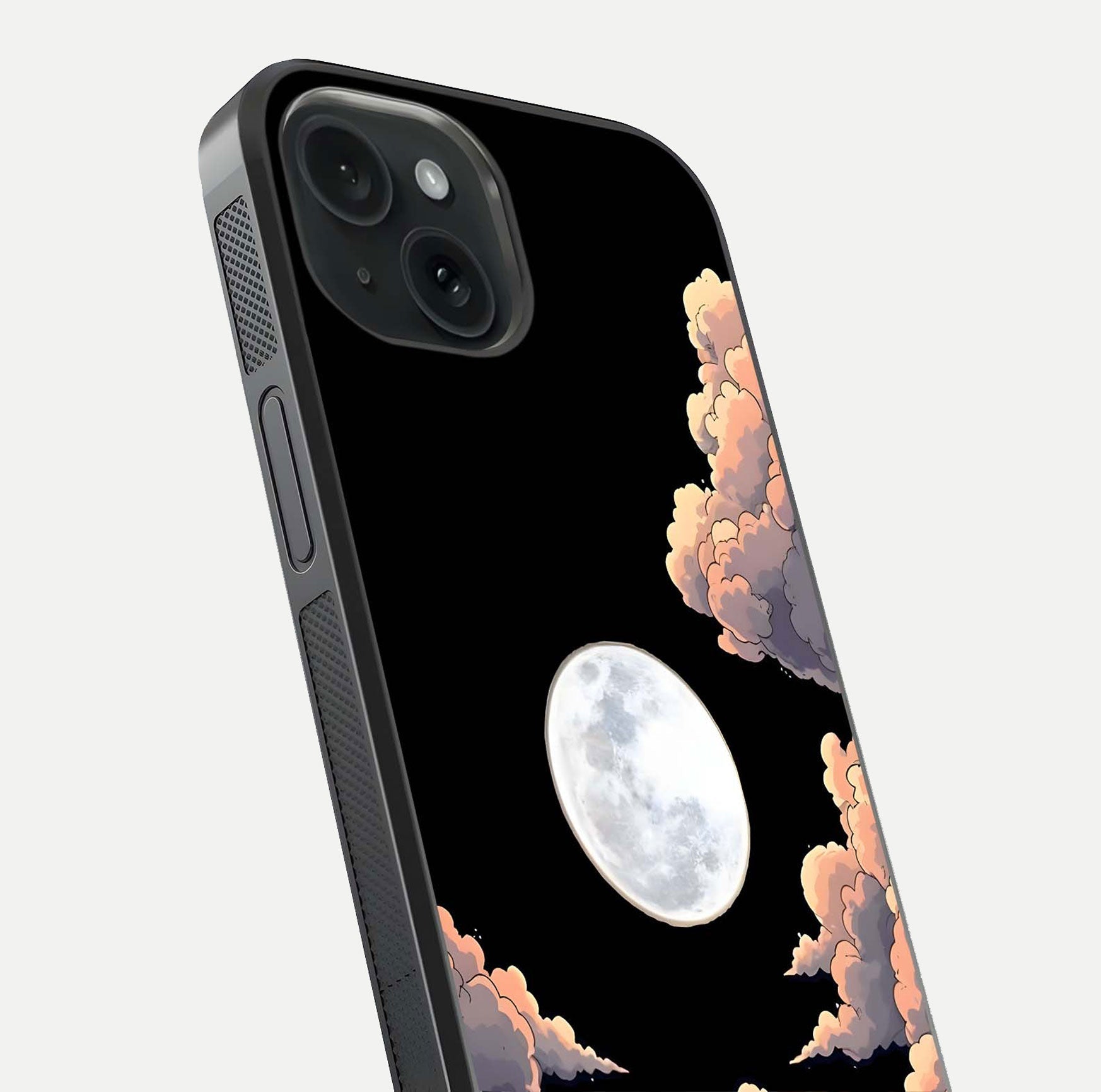 Shade Cloud Moon Glass Case for iPhone 15 close-up angled shot highlighting moon reflection and depth