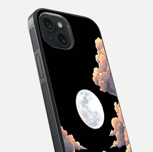 Shade Cloud Moon Glass Case for iPhone 15 close-up angled shot highlighting moon reflection and depth