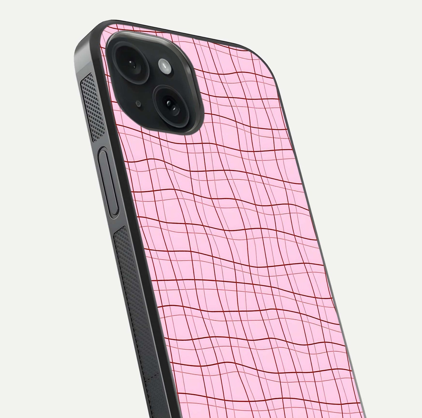 Soft Grid Bliss iPhone 15  glass phone case angled back view highlighting grid artwork and side grip texture
