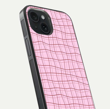 Soft Grid Bliss iPhone 15  glass phone case angled back view highlighting grid artwork and side grip texture