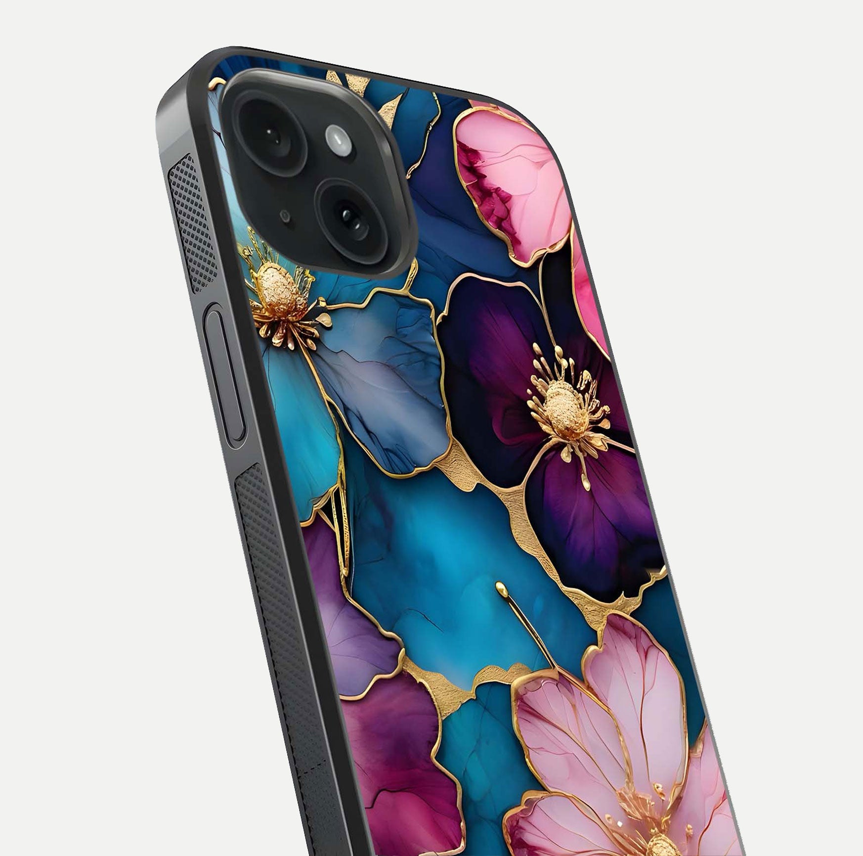 Sparkle Floral Glass Case for iPhone 15 close-up angled shot highlighting shimmer details and reflection