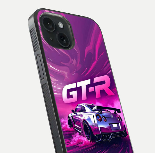 Speed Drift Legend Glass Case for iPhone 15 close-up angled shot highlighting speed lines and reflection