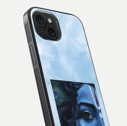 Spiritual Krishna Glass Case for iPhone 15 close-up angled shot showing HD print, color tone, and reflection