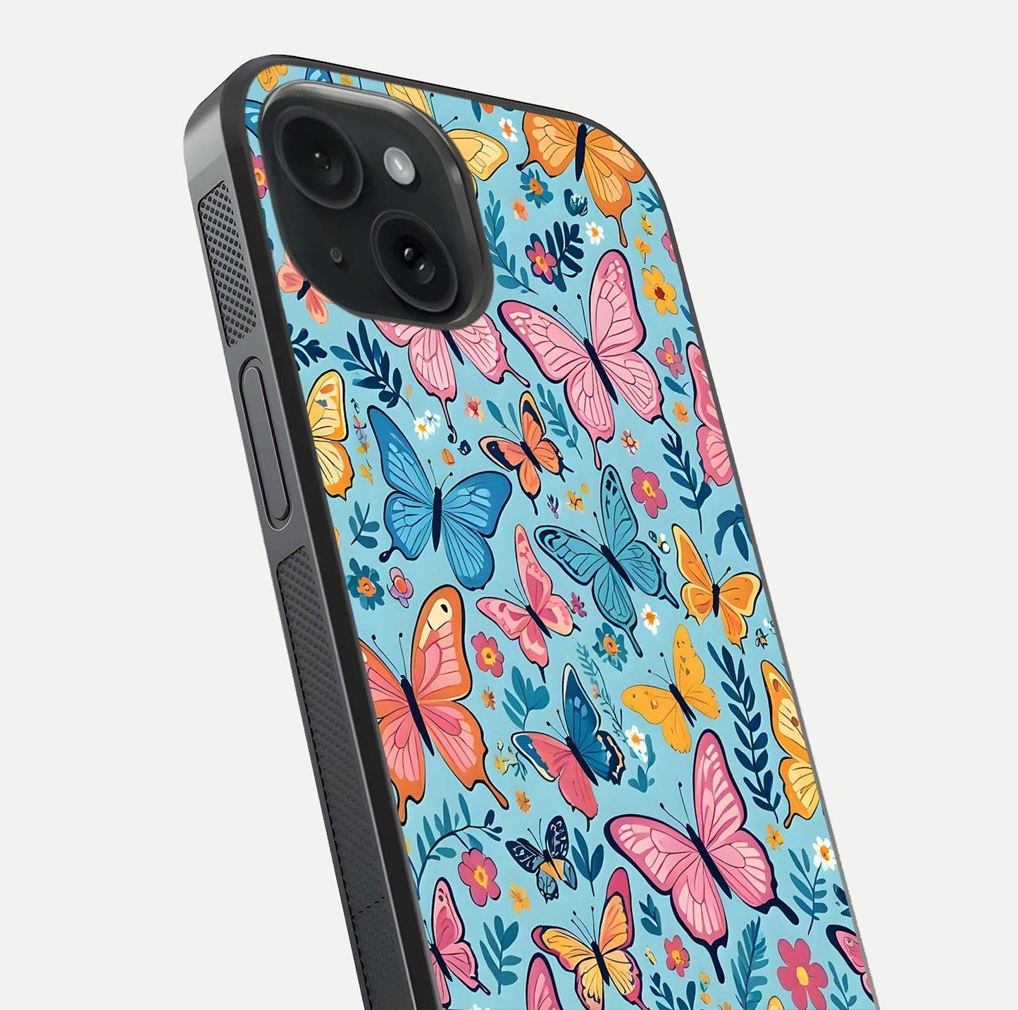 Spring Wing Garden Glass Case for iPhone 15 close-up angled shot highlighting petal details and reflection