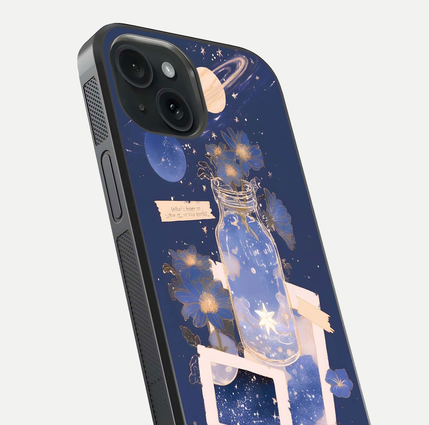 Starlit Cosmic Jar Glass Case for iPhone 15 close-up angled shot highlighting stars, reflections, and HD shine