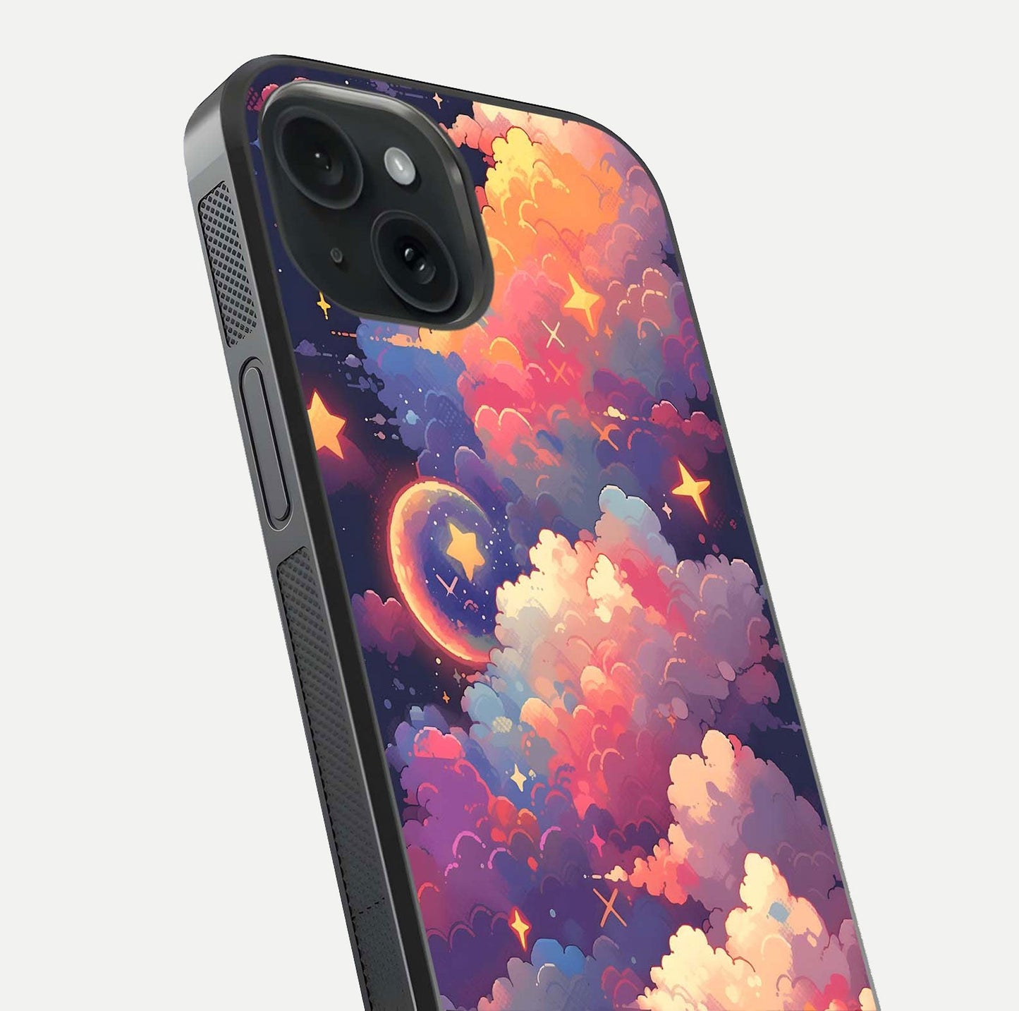 Starlit Dream Clouds Glass Case for iPhone 15 close-up angled shot highlighting cloud texture and reflection