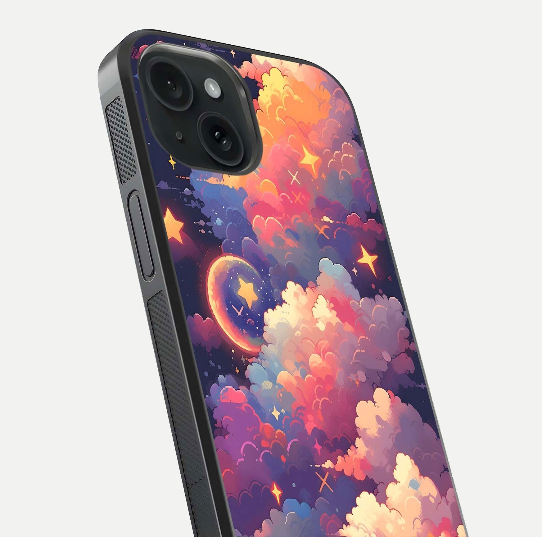 Starlit Dream Clouds Glass Case for iPhone 15 close-up angled shot highlighting cloud texture and reflection