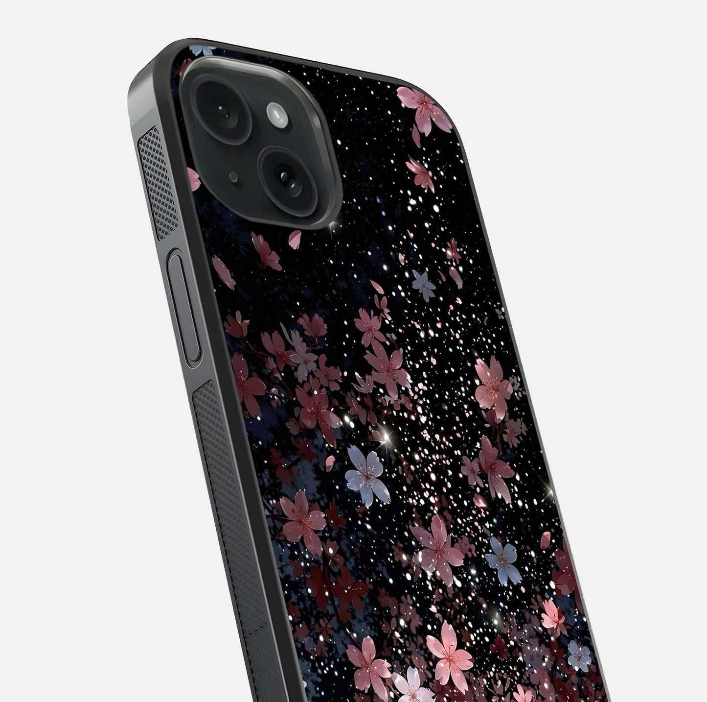 Starlit Flower Dreams Glass Case for iPhone 15 close-up angled shot highlighting petal reflection and HD depth