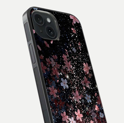 Starlit Flower Dreams Glass Case for iPhone 15 close-up angled shot highlighting petal reflection and HD depth
