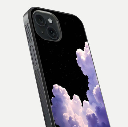 Starlit Night Whispers Glass Case for iPhone 15 close-up angled shot highlighting stars and reflection