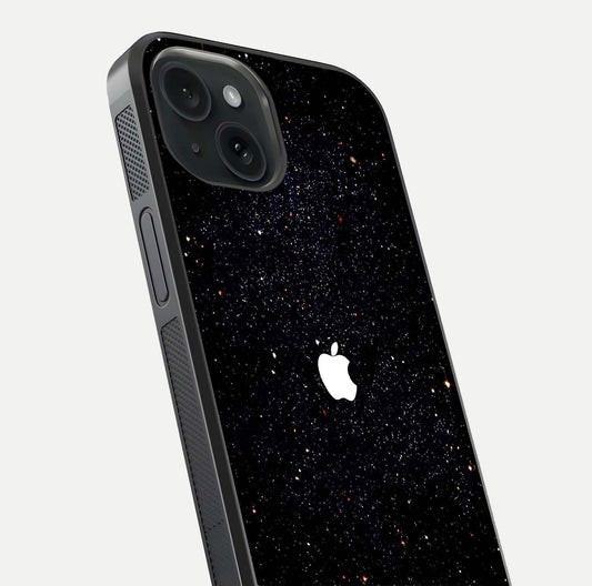 Starry Apple Galaxy Glass Case for iPhone 15 close-up angled shot highlighting star details and gloss
