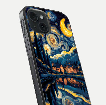 Starry Sky Serenity Glass Case for iPhone 15 close-up angled shot highlighting light reflection and blue hues