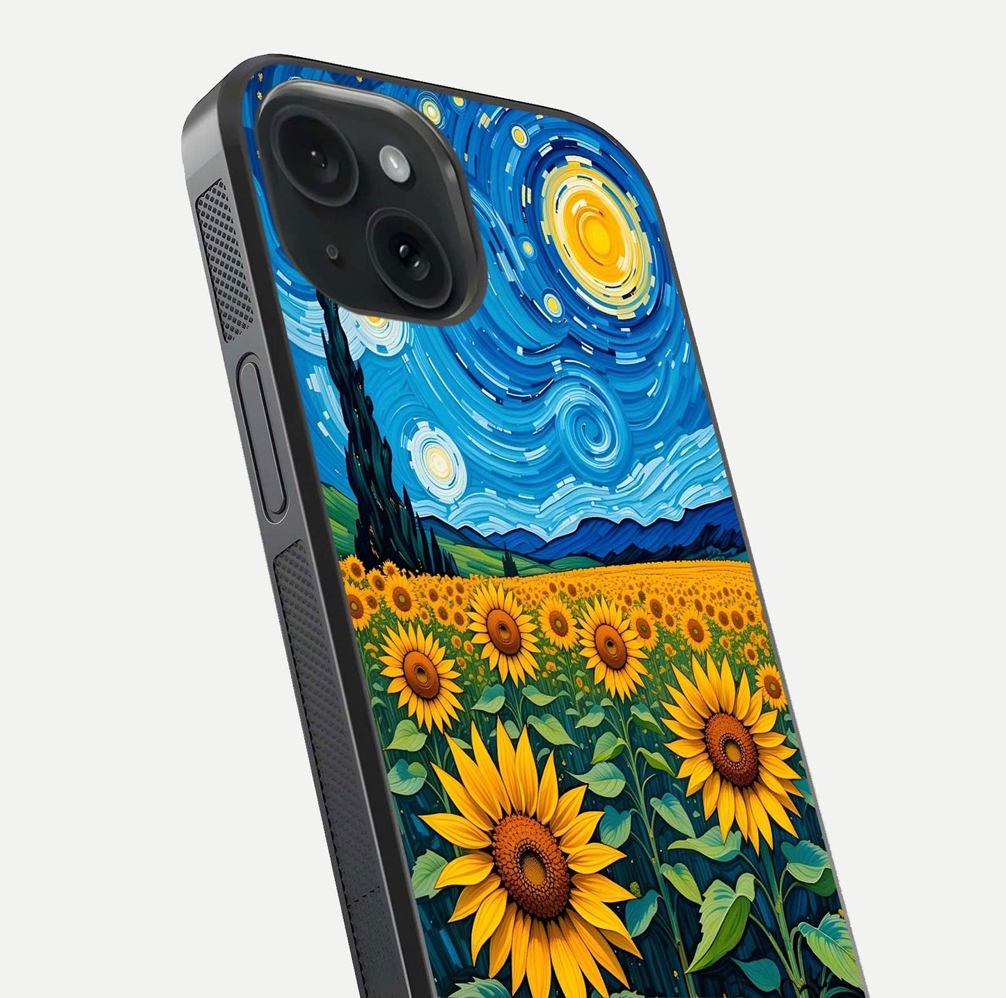 Starry Sunflower Dreams Glass Case for iPhone 15 close-up angled shot highlighting petal texture and gloss