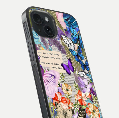 Storm Path Bloom Glass Case for iPhone 15 close-up angled shot highlighting bloom texture and reflection