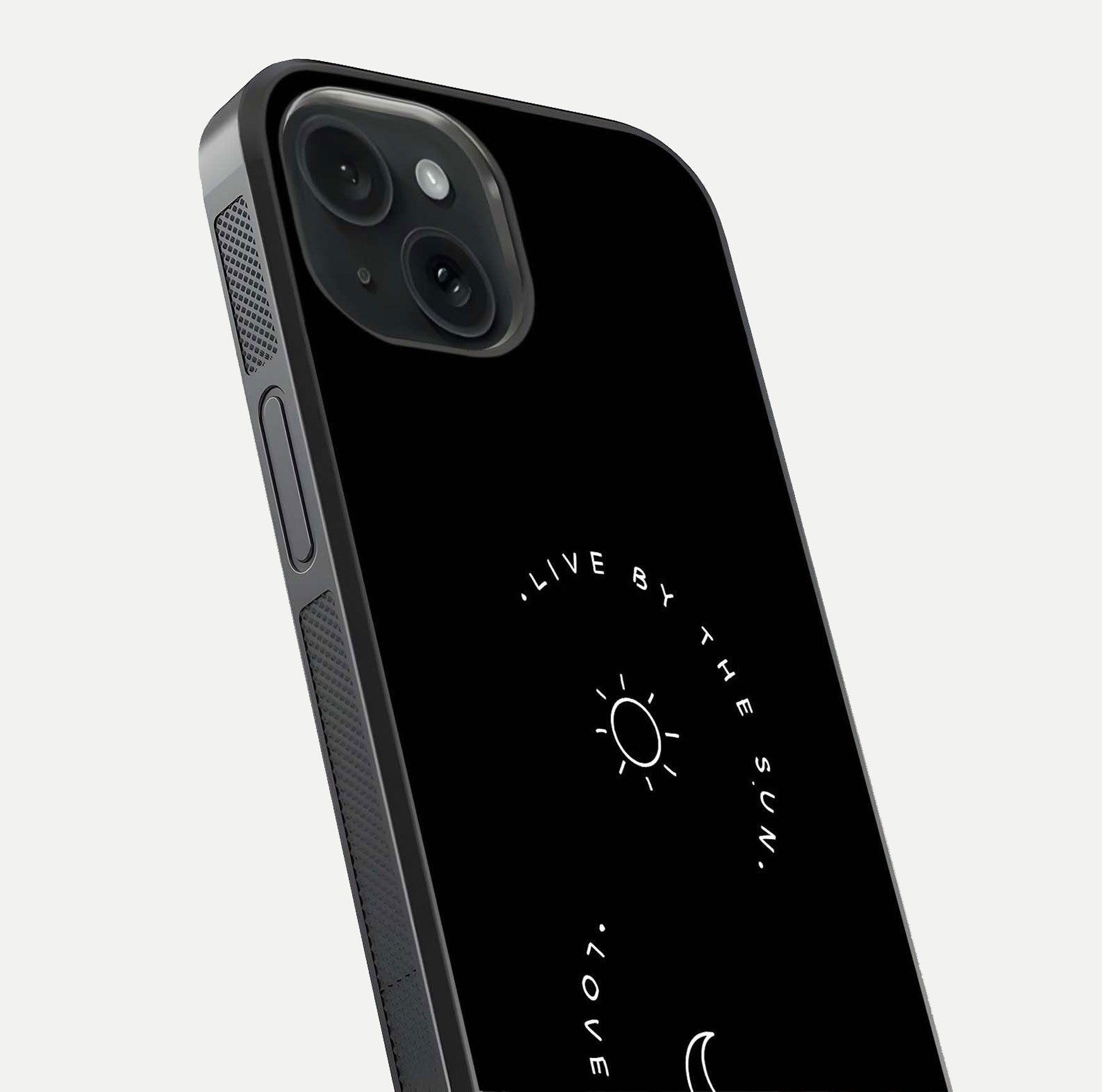 Sun Moon Balance Glass Case for iPhone 15 close-up angled shot highlighting cosmic art and HD reflection