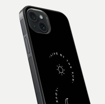 Sun Moon Balance Glass Case for iPhone 15 close-up angled shot highlighting cosmic art and HD reflection