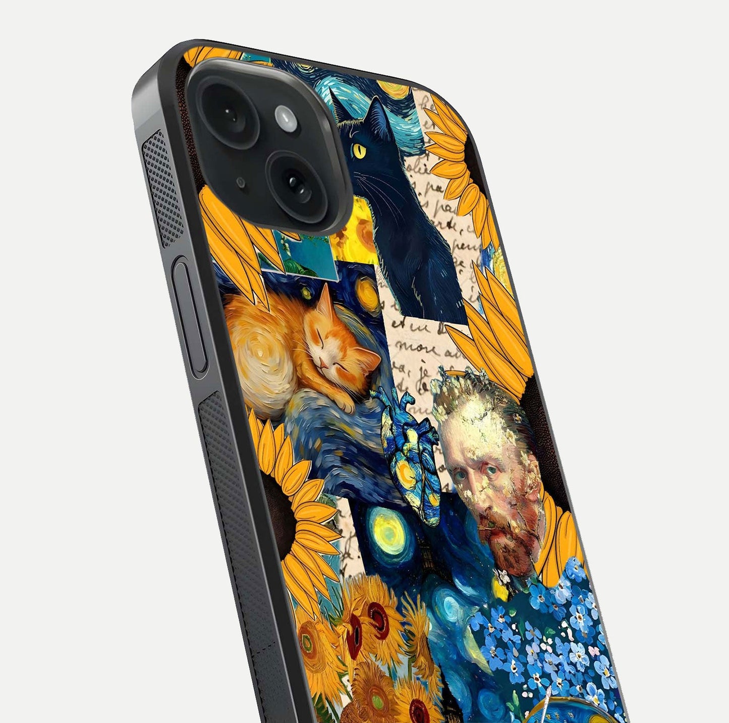 Sunflower Cat Art Glass Case for iPhone 15 close-up angled shot highlighting yellow tones and art reflection