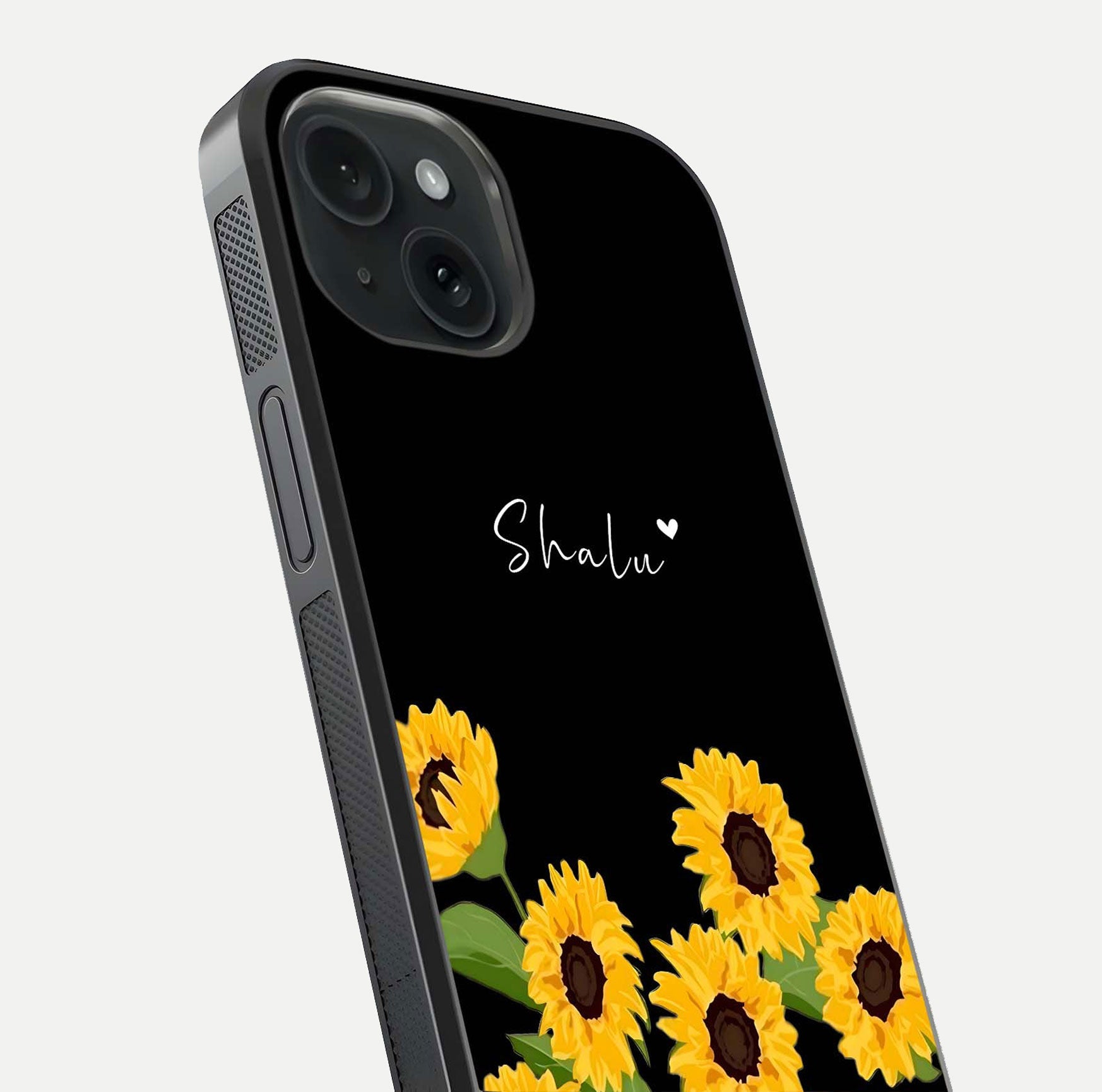 Sunflower Chic Mood Custom Name Glass Case for iPhone 15 close-up angled shot showing HD sunflower pattern