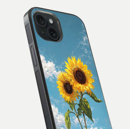 Sunflower Sky Bloom Glass Case for iPhone 15 close-up angled shot highlighting petal details and reflection