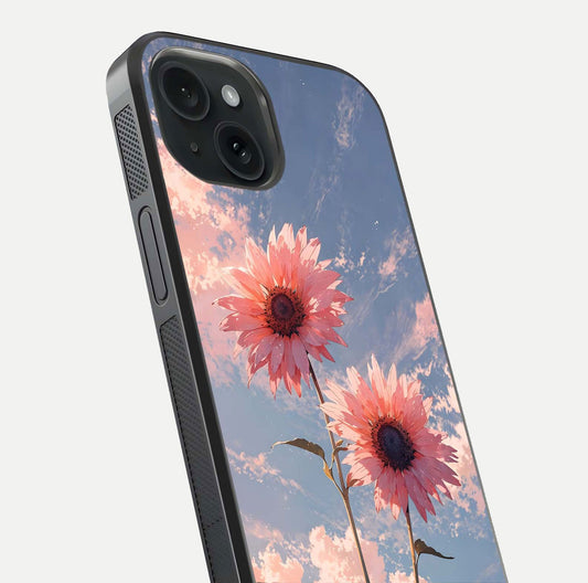 Sunlit Daisy Glow Glass Case for iPhone 15 close-up angled shot highlighting petal texture and reflection