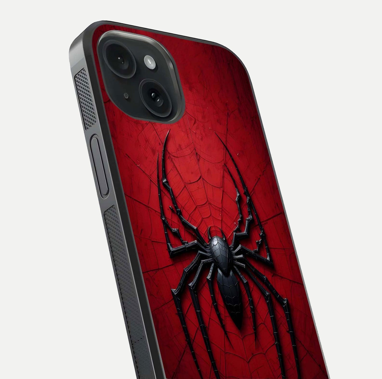 Venom Web Emblem Glass Case for iPhone 15 close-up angled shot highlighting sharp logo lines and reflection