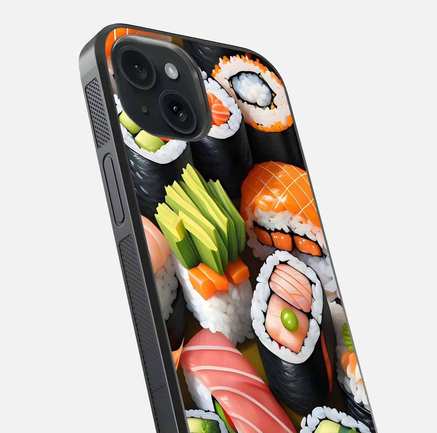 Sushi Food Pattern Glass Case for iPhone 15 close-up angled shot highlighting colorful sushi prints and reflection