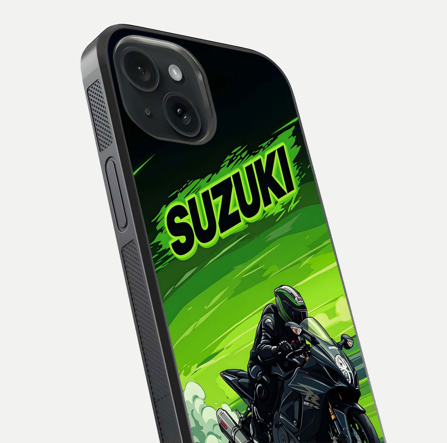 Suzuki Speed Beast Glass Case for iPhone 15 close-up angled shot highlighting bold tones and reflection