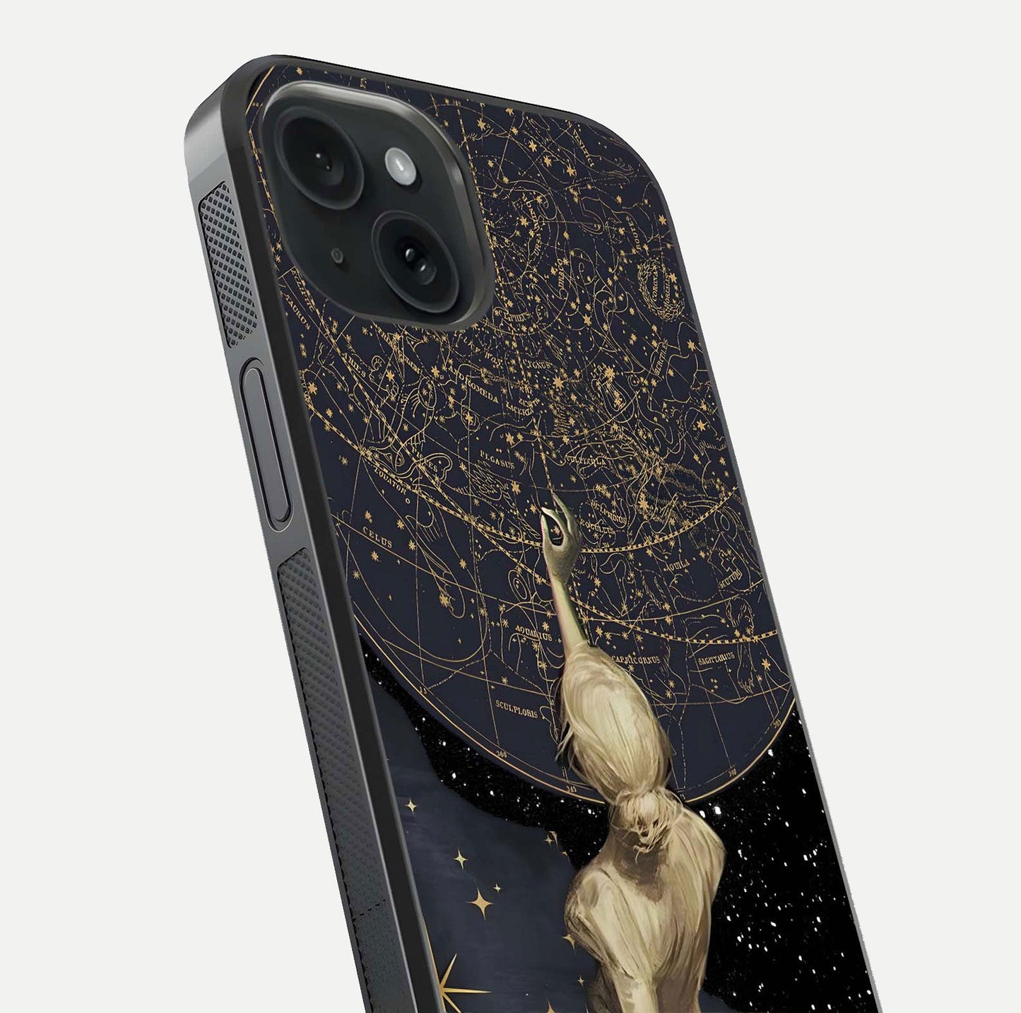 Taylor Swift Girl Glass Case for iPhone 15 close-up angled shot highlighting texture and HD reflection
