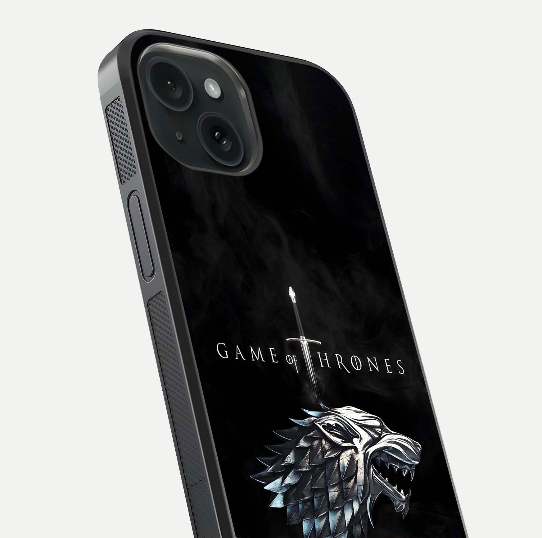 Throne Wolf Legacy Glass Case for iPhone 15 close-up angled shot highlighting fur texture and reflection