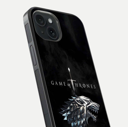Throne Wolf Legacy Glass Case for iPhone 15 close-up angled shot highlighting fur texture and reflection