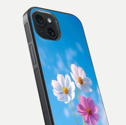 Triple Flowers With Sky Glass Case for iPhone 15 close-up angled shot highlighting petal and reflection details