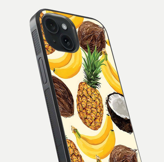 Tropical Fruit Mood Glass Case for iPhone 15 close-up angled shot highlighting fruit texture and reflection