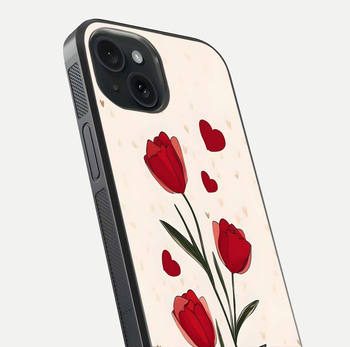 Tulip With Heart Glass Case for iPhone 15 close-up angled shot highlighting petal details and reflection