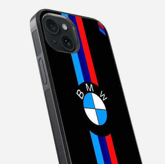 Turbo BMW Beast Glass Case for iPhone 15 close-up angled shot highlighting car detailing and reflection