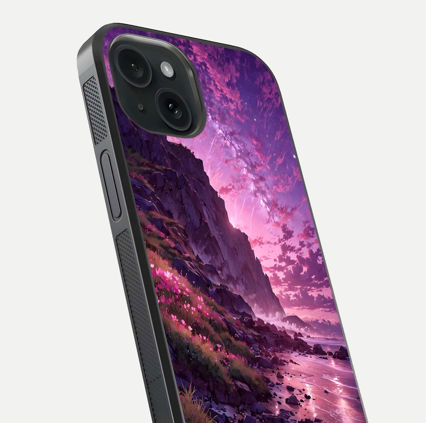 Twilight Blossom Coast Glass Case for iPhone 15 close-up angled shot highlighting gradient sky and reflection