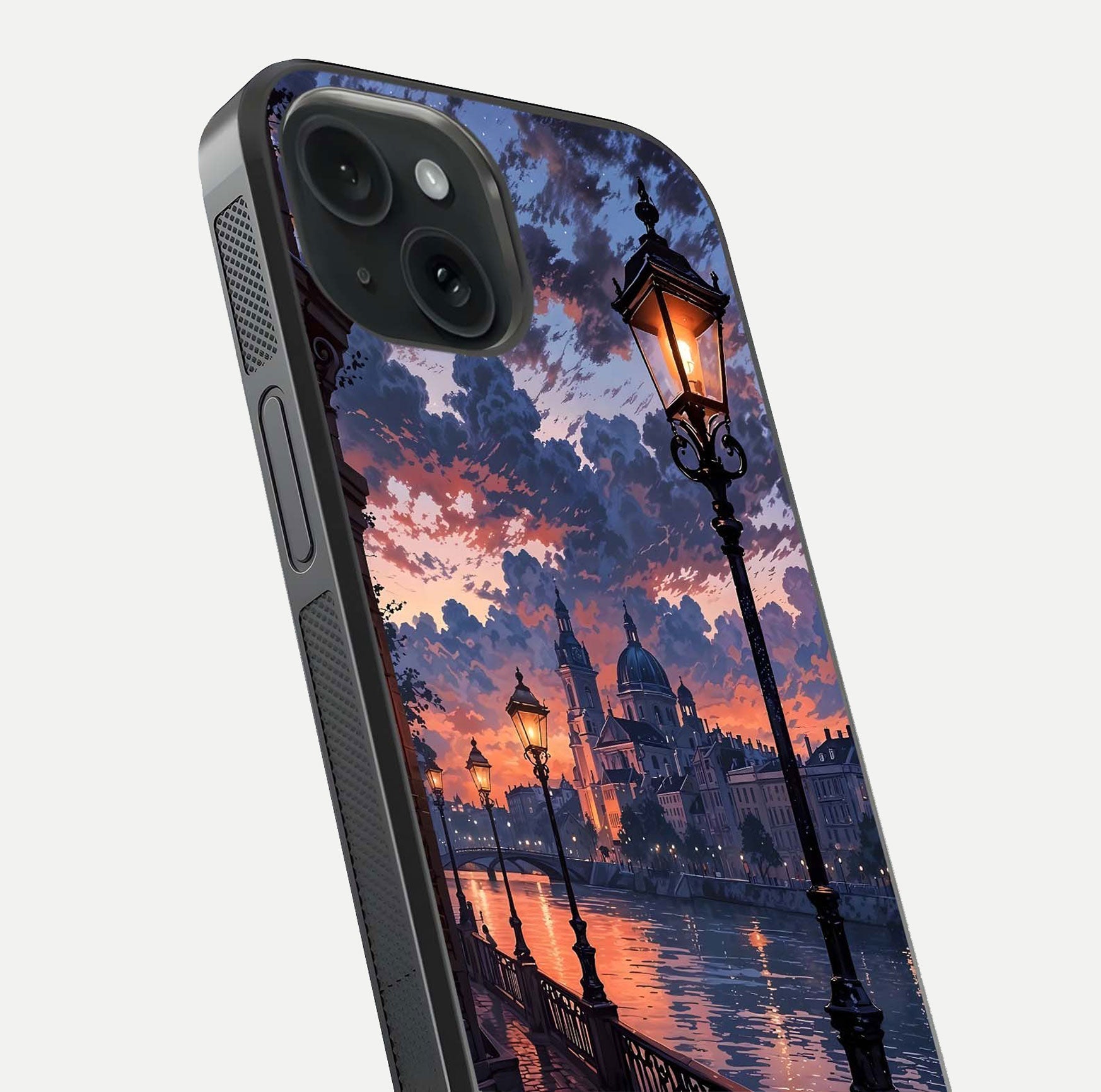 Twilight River Lights Glass Case for iPhone 15 close-up angled shot highlighting river reflections and color tones