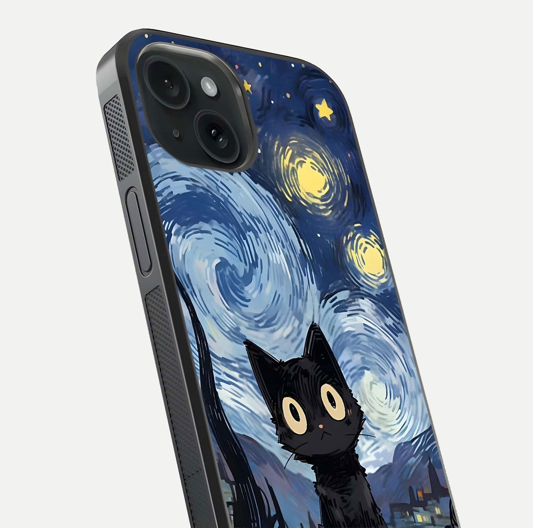 Van Gogh Cat Glass Case for iPhone 15 close-up angled shot highlighting brushstroke texture and reflection
