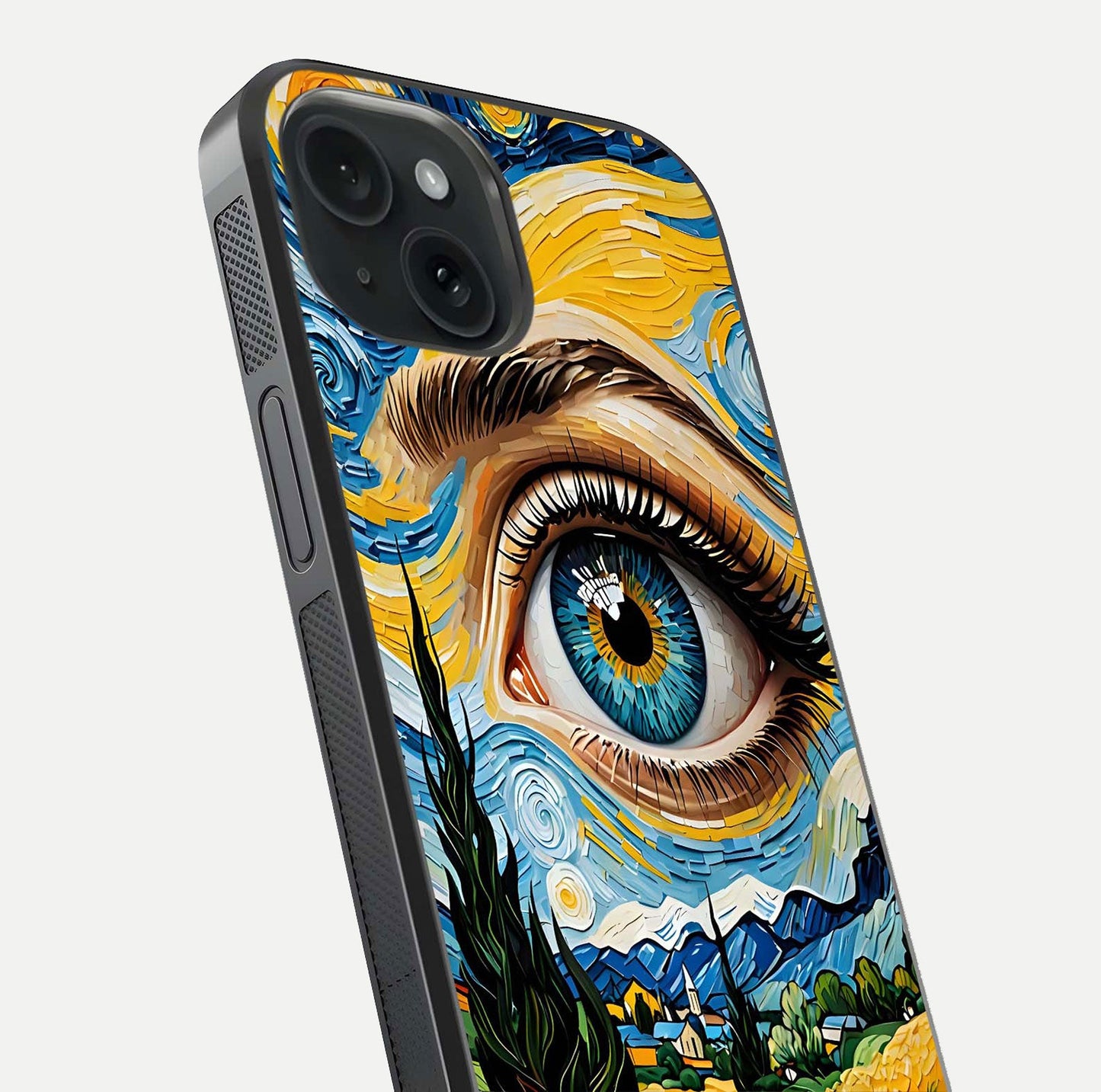 Van Gogh Eye Glass Case for iPhone 15 close-up angled shot highlighting color blend and gloss reflection
