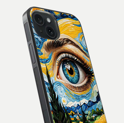 Van Gogh Eye Glass Case for iPhone 15 close-up angled shot highlighting color blend and gloss reflection