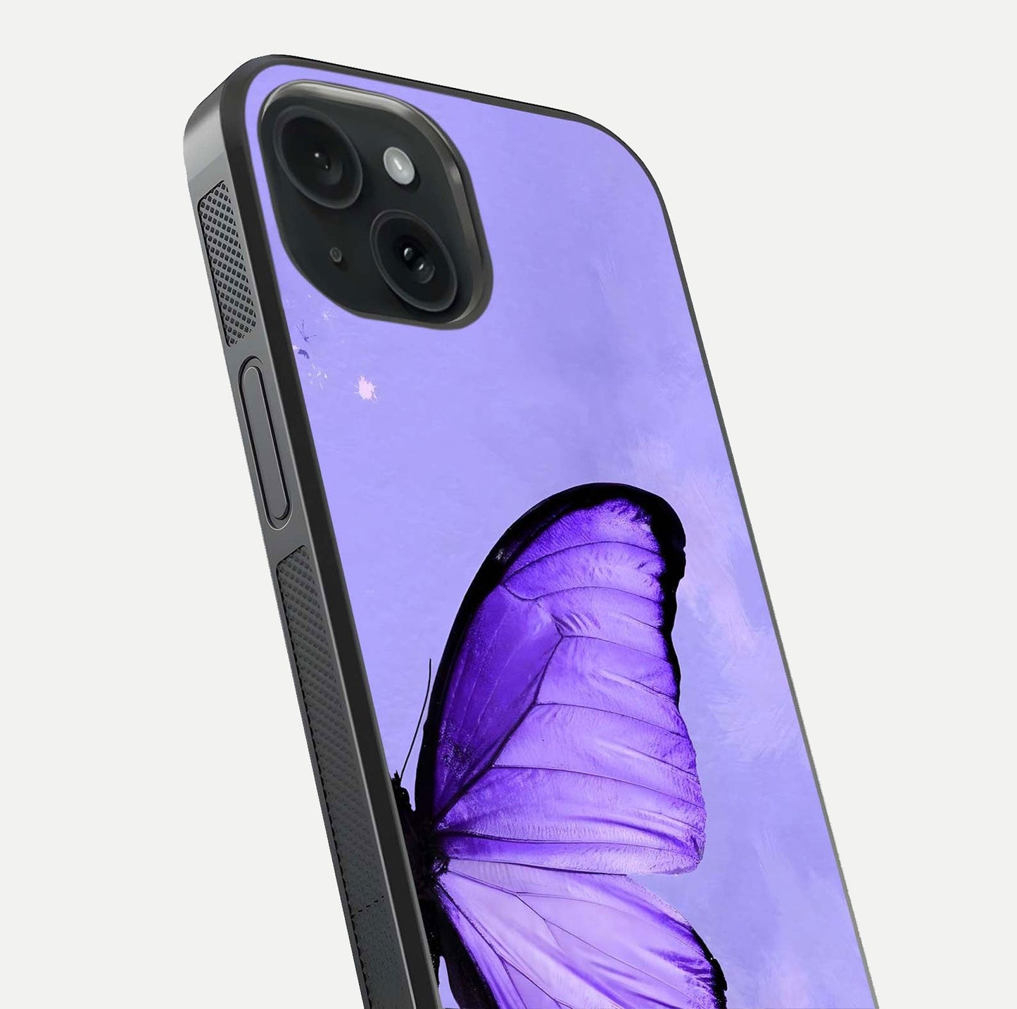 Violet Dream Wing Glass Case for iPhone 15 close-up angled shot highlighting wing texture and reflection