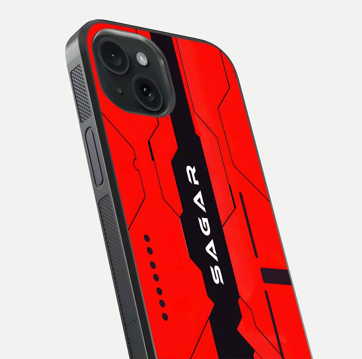 Voltage Rise CYBERPUNK Custom Name Glass Case for iPhone 15 close-up angled shot highlighting neon glow and reflection