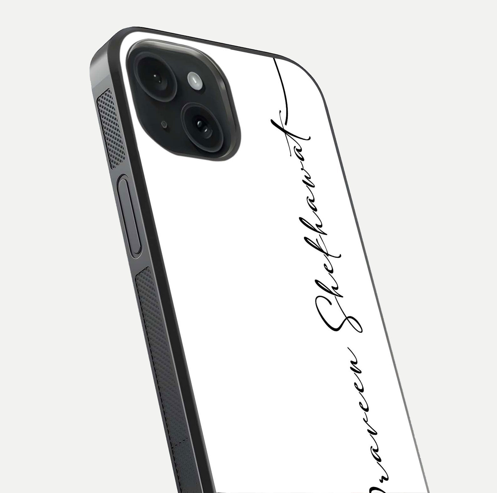 White Tune Custom Name Glass Case for iPhone 15 close-up angled shot highlighting gloss reflection and texture
