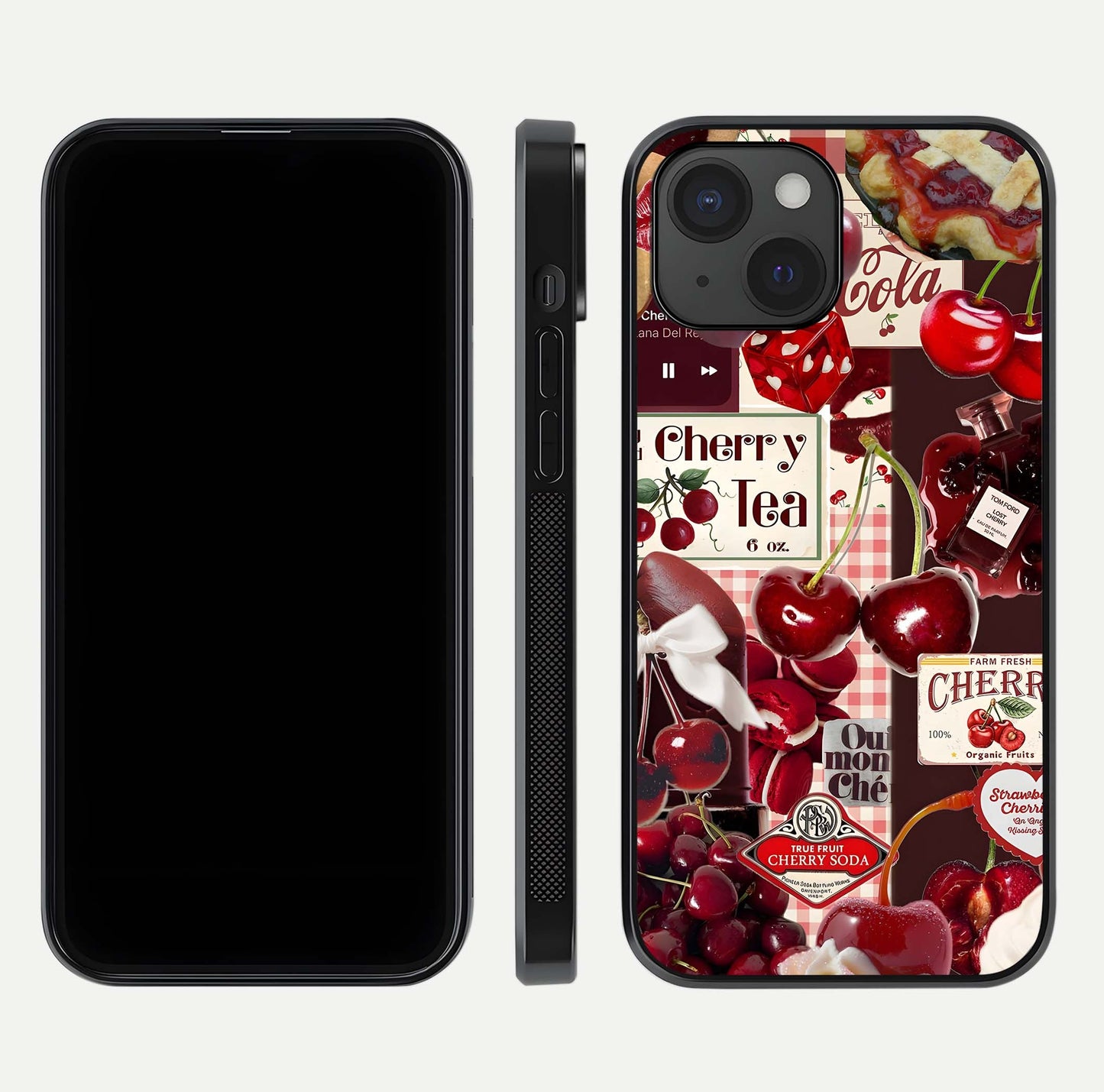 Aesthetic Cherry Tea Glass Case for iPhone 15 front and back view layout showing black front display and artistic cherry-themed glass back