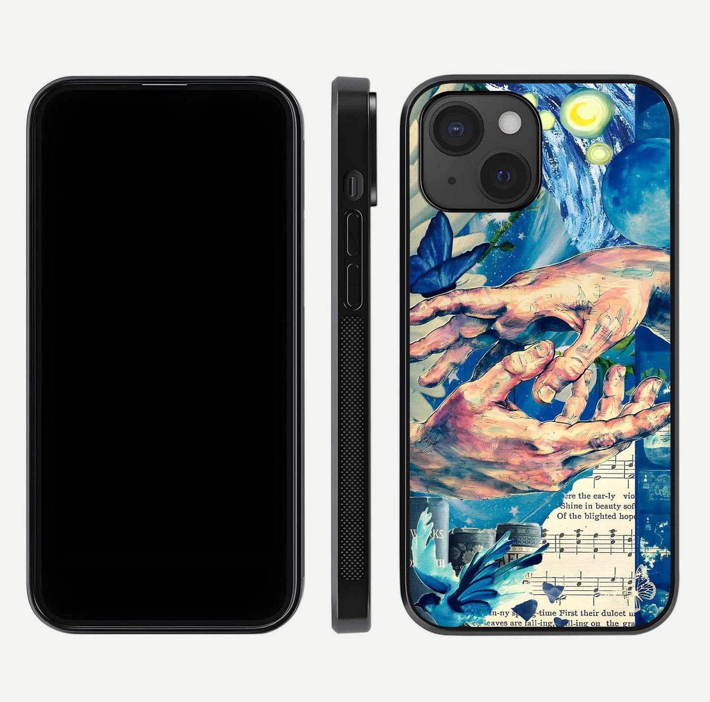 Aesthetic Divider Glass Case for iPhone 15 front and back view layout showing black front display and minimal divider glass back