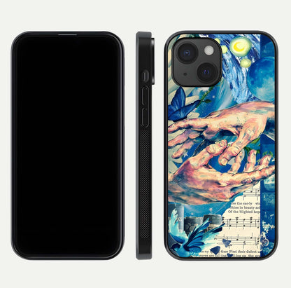 Aesthetic Divider Glass Case for iPhone 15 front and back view layout showing black front display and minimal divider glass back