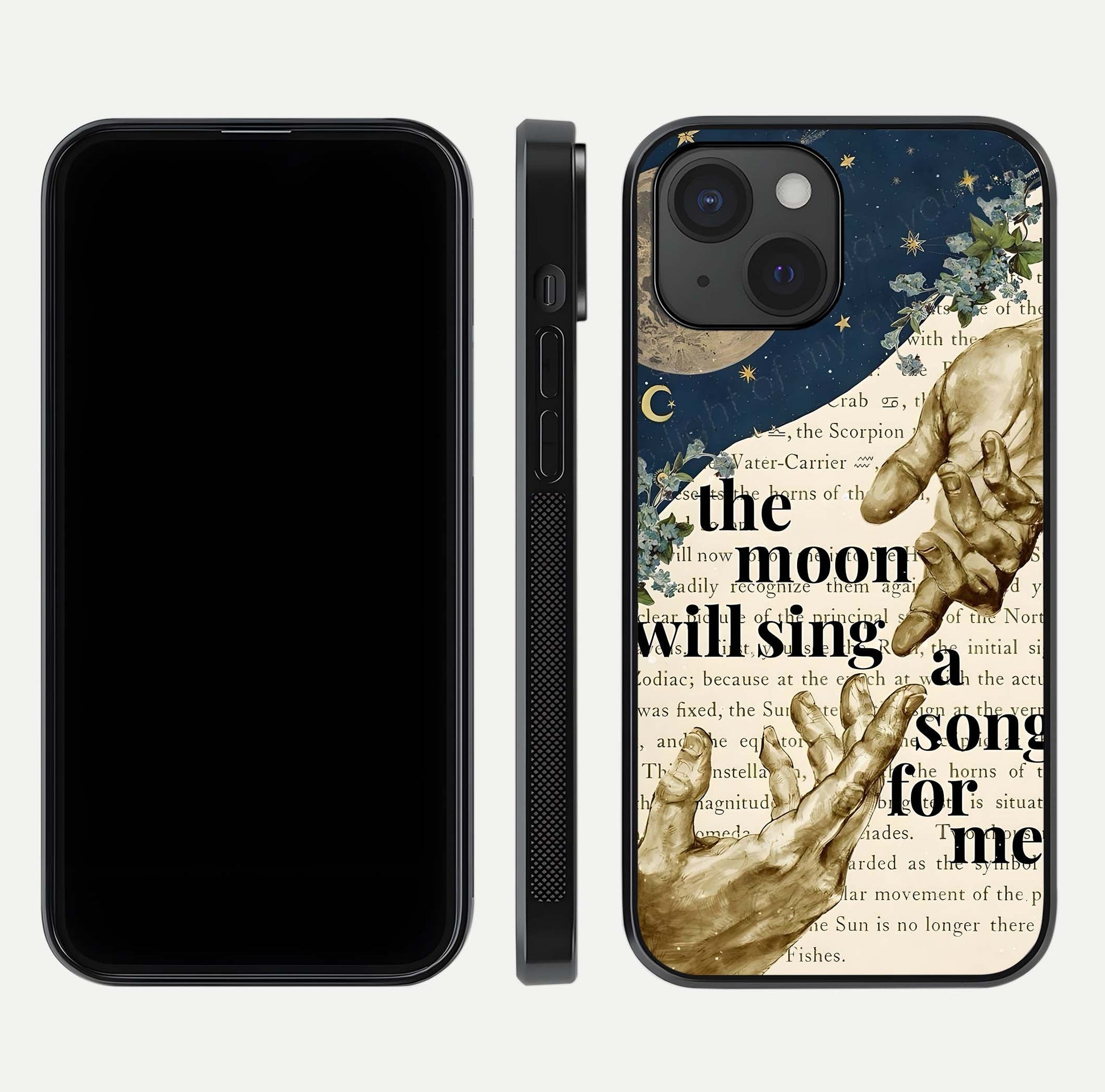 Aesthetic Divine Glass Case for iPhone 15 front and back view layout showing black front display and divine art glass back