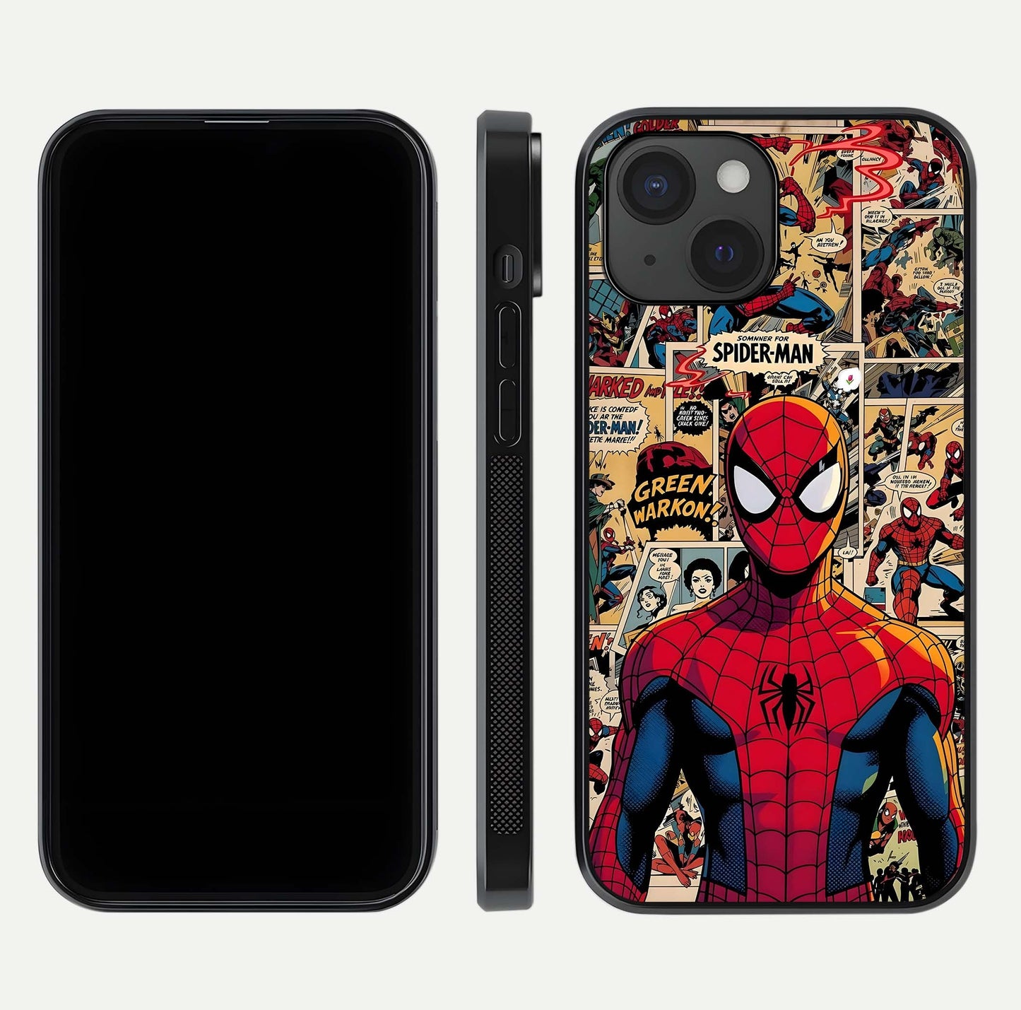 Aesthetic Spider Man Glass Case for iPhone 15 front and back view layout showing black front display and Spider-Man art glass back