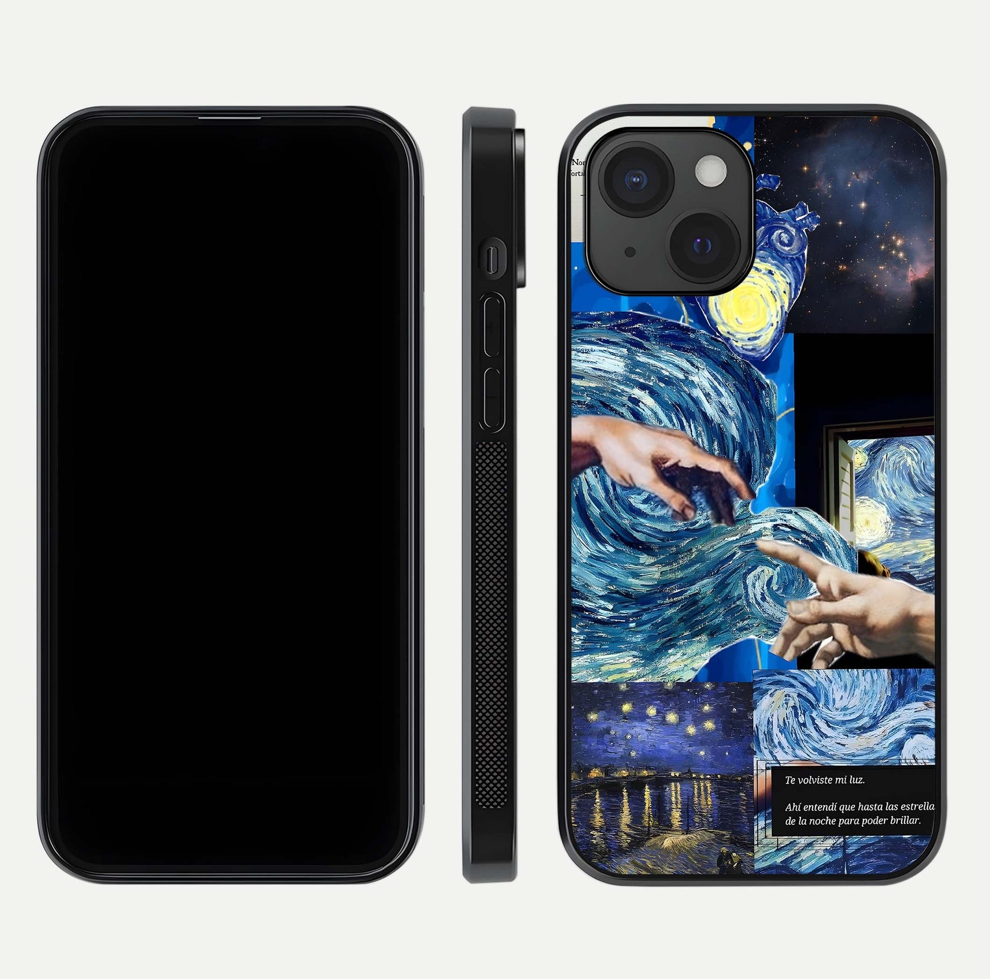 Aesthetic Vando Hands Glass Case for iPhone 15 front and back layout highlighting camera cutout and premium glass shine